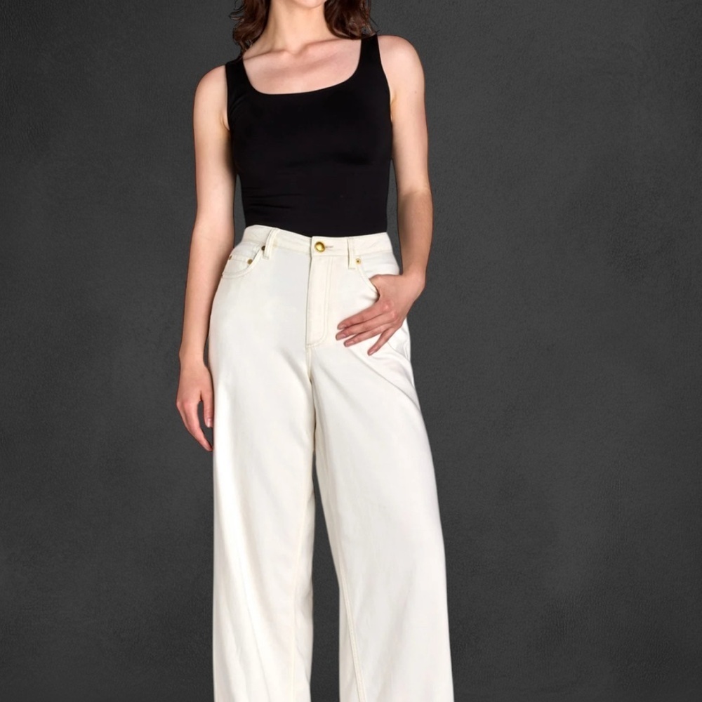 White Denim Wide Leg Jeans with Gold Accents - Picture 3 of 4